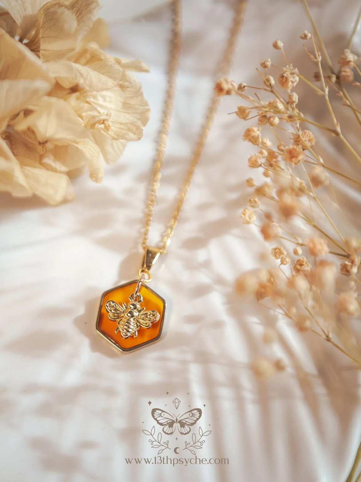 Amber hexagon and bees earrings and necklace set