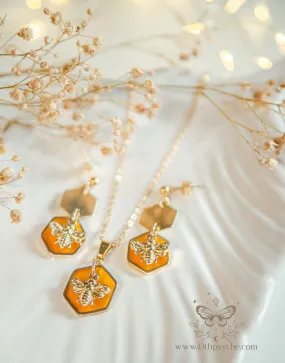 Amber hexagon and bees earrings and necklace set