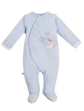 Early Baby Footed Sleepsuit, Embroidered Bear Design - Blue