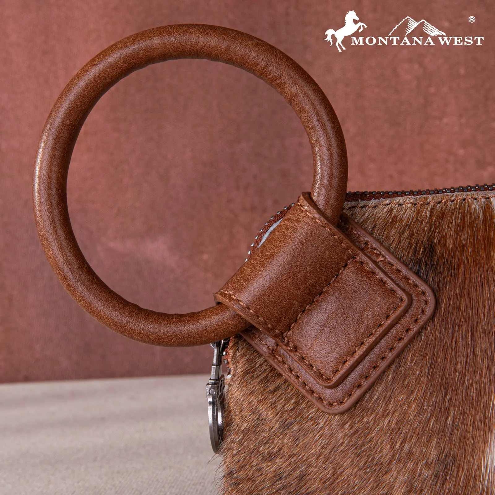 MW1260-A181 Montana West Genuine Hair-On Cowhide Ring Handle Wristlet Clutch Bag