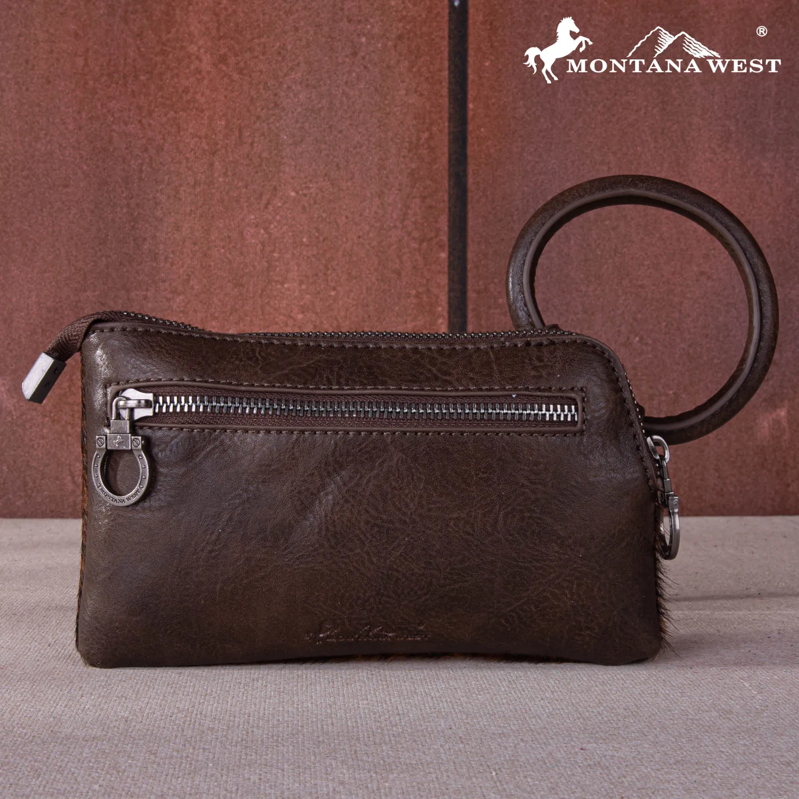 MW1260-A181 Montana West Genuine Hair-On Cowhide Ring Handle Wristlet Clutch Bag